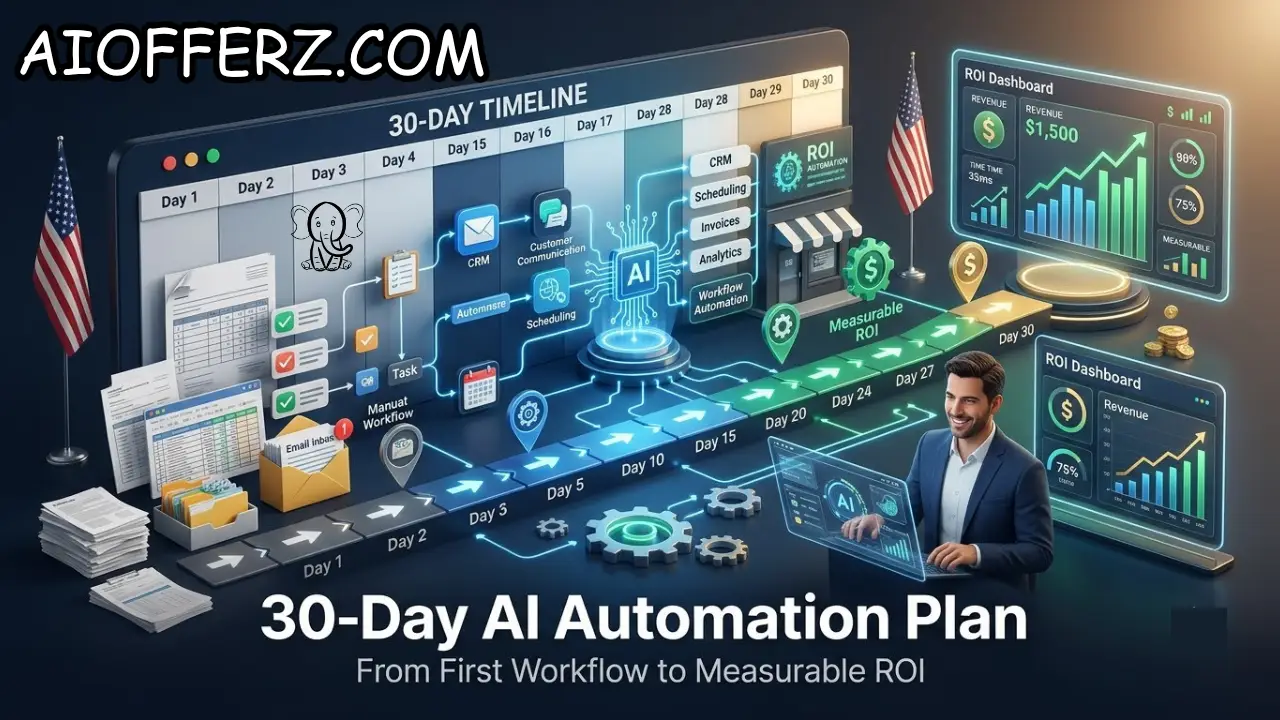 You are currently viewing The 30-Day AI Automation Plan for a U.S. Small Business: From First Workflow to Measurable ROI